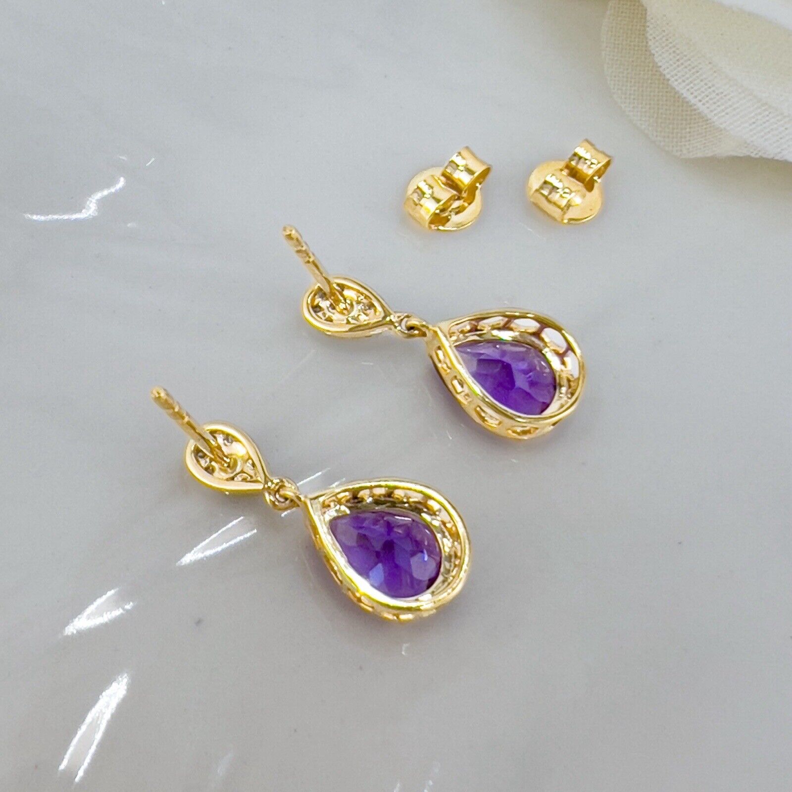 Genuine Amethyst & Diamond Solid 10k Yellow Gold Dangle/Drop Earrings