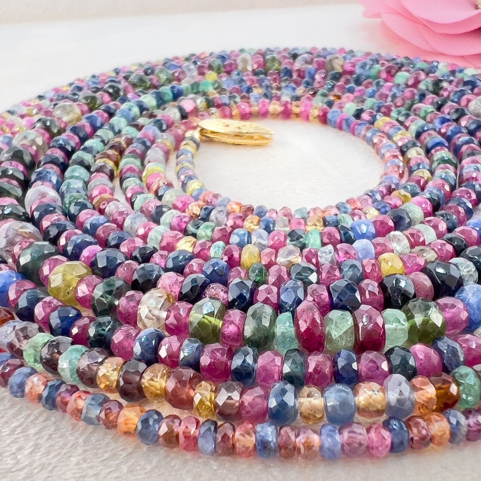 Genuine Multicolor Sapphire, Ruby & Emerald 14K Yellow Gold Necklace, New 82"