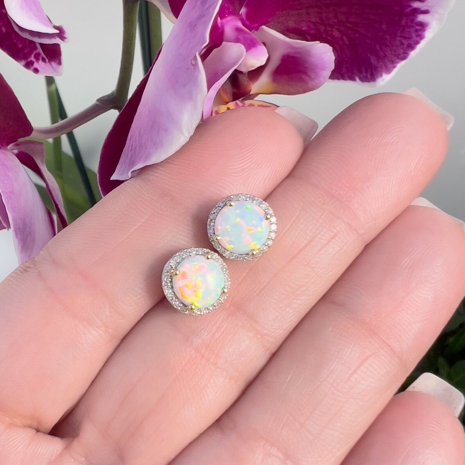 Solid 10k Yellow Gold Lab-Created Opals & Genuine Diamond Stud Earrings, New
