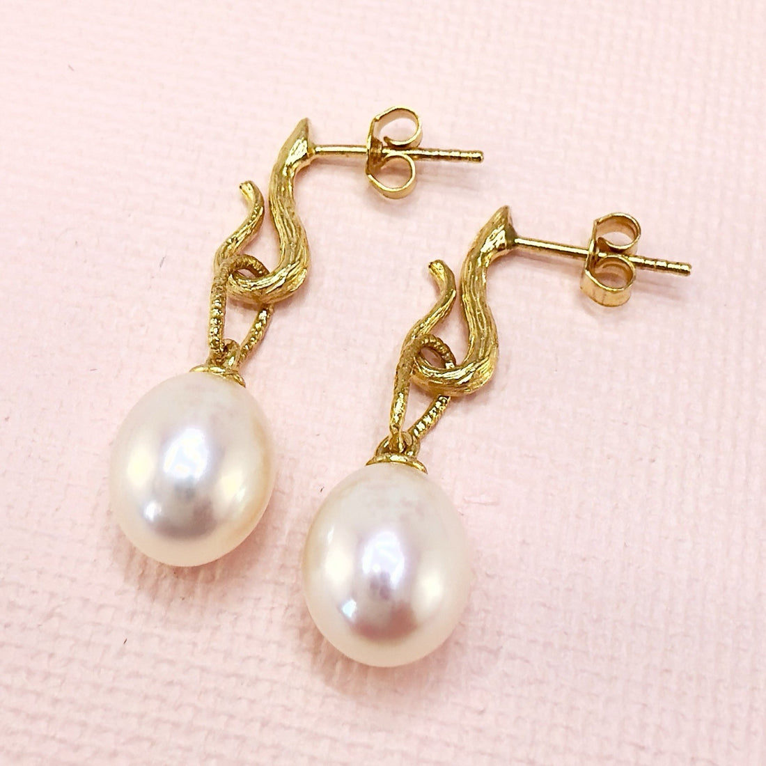 14k Yellow Gold Genuine Pearl Dangle Modernist Earrings, New