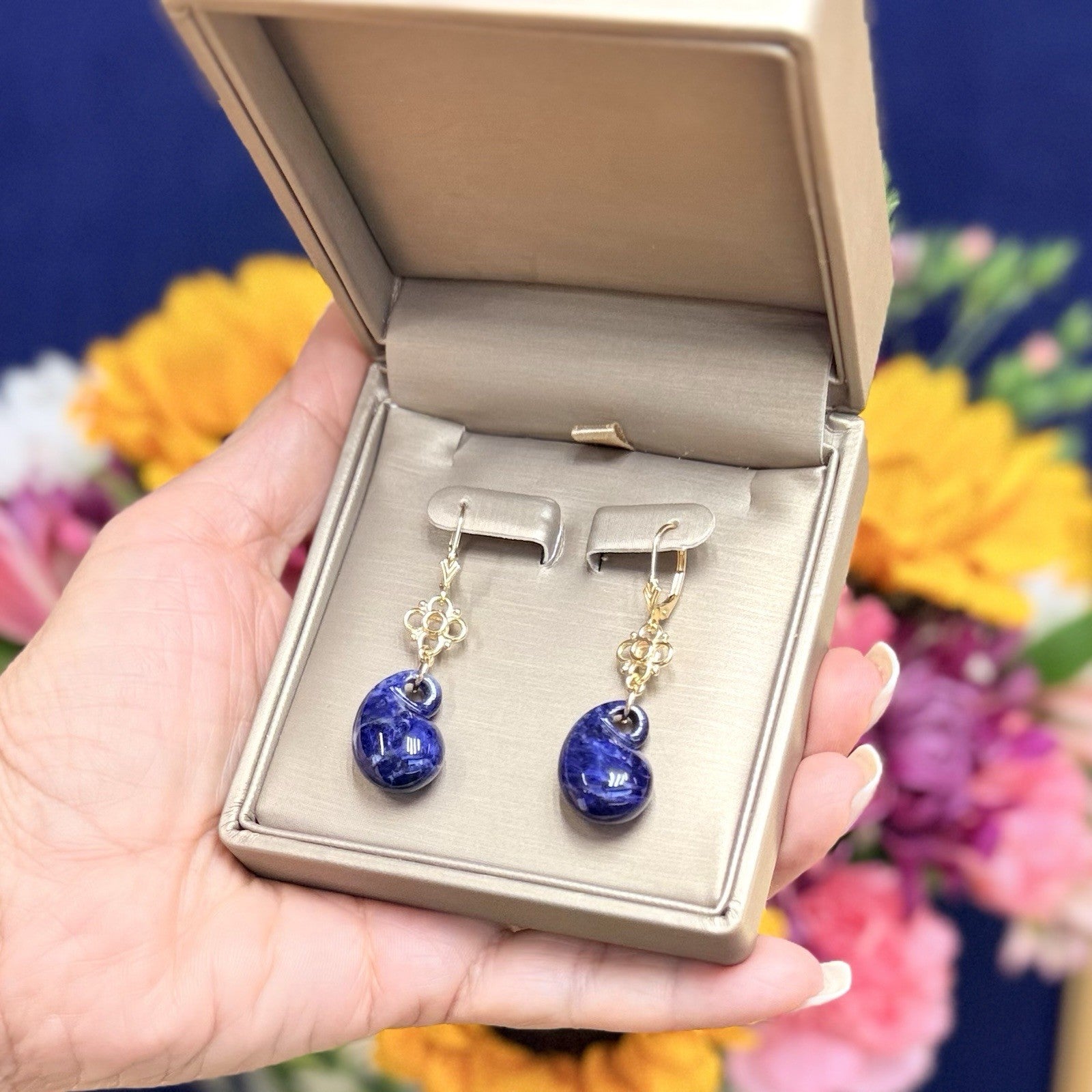 14k Yellow Gold Genuine Sodalite Drop Dangle Lever-back Earrings, New 1.87"