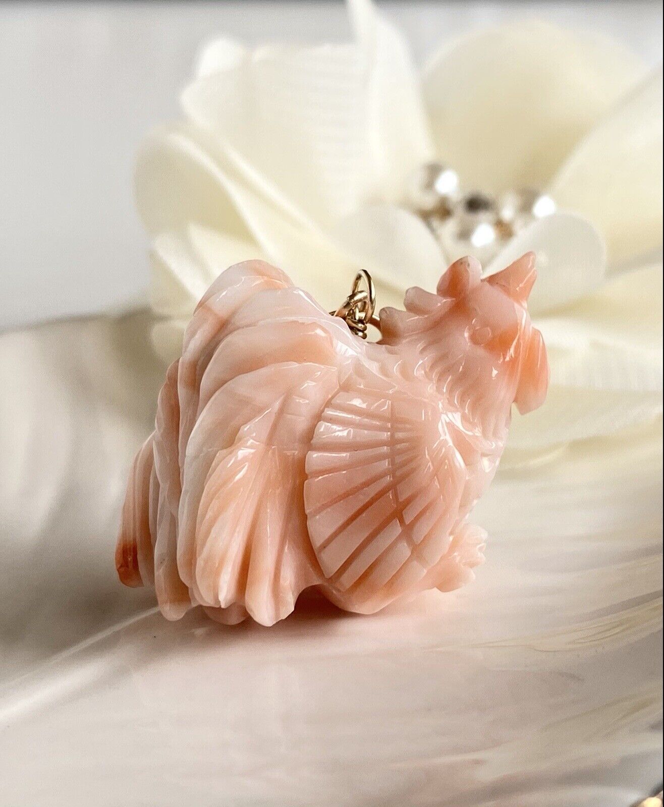 No Dye Salmon Coral Rooster (Asian Zodiac) 14k Yellow Gold Pendant/Necklace, New