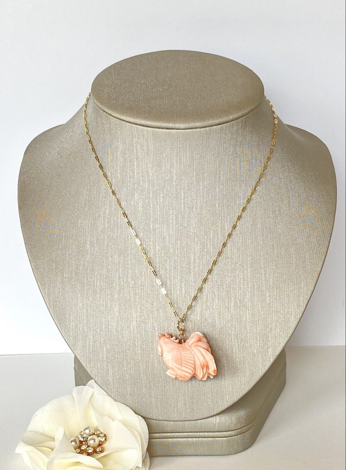 No Dye Salmon Coral Rooster (Asian Zodiac) 14k Yellow Gold Pendant/Necklace, New