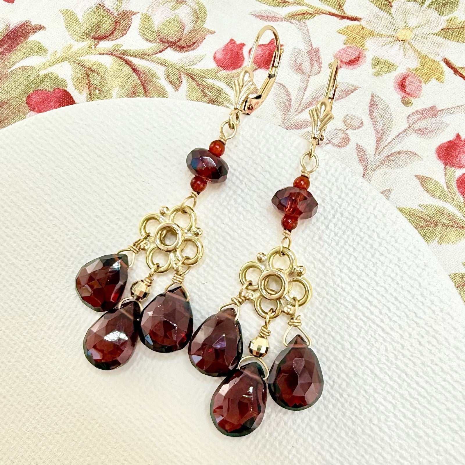 14k Yellow Gold Genuine Garnet Chandelier Dangle/Drop Earrings, New, 2.10" Long