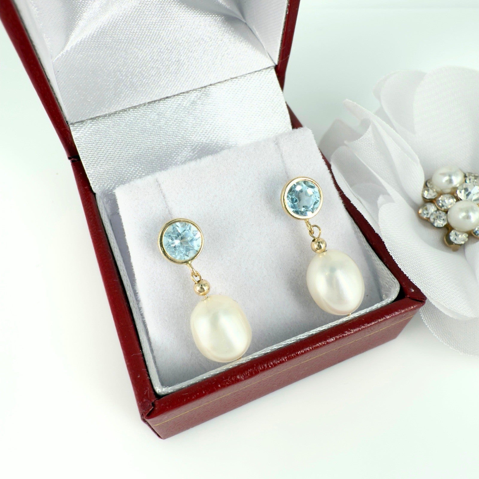 14k Yellow Gold Sky Blue Topaz & Genuine Cultured Pearl Dangle/Drop Earrings