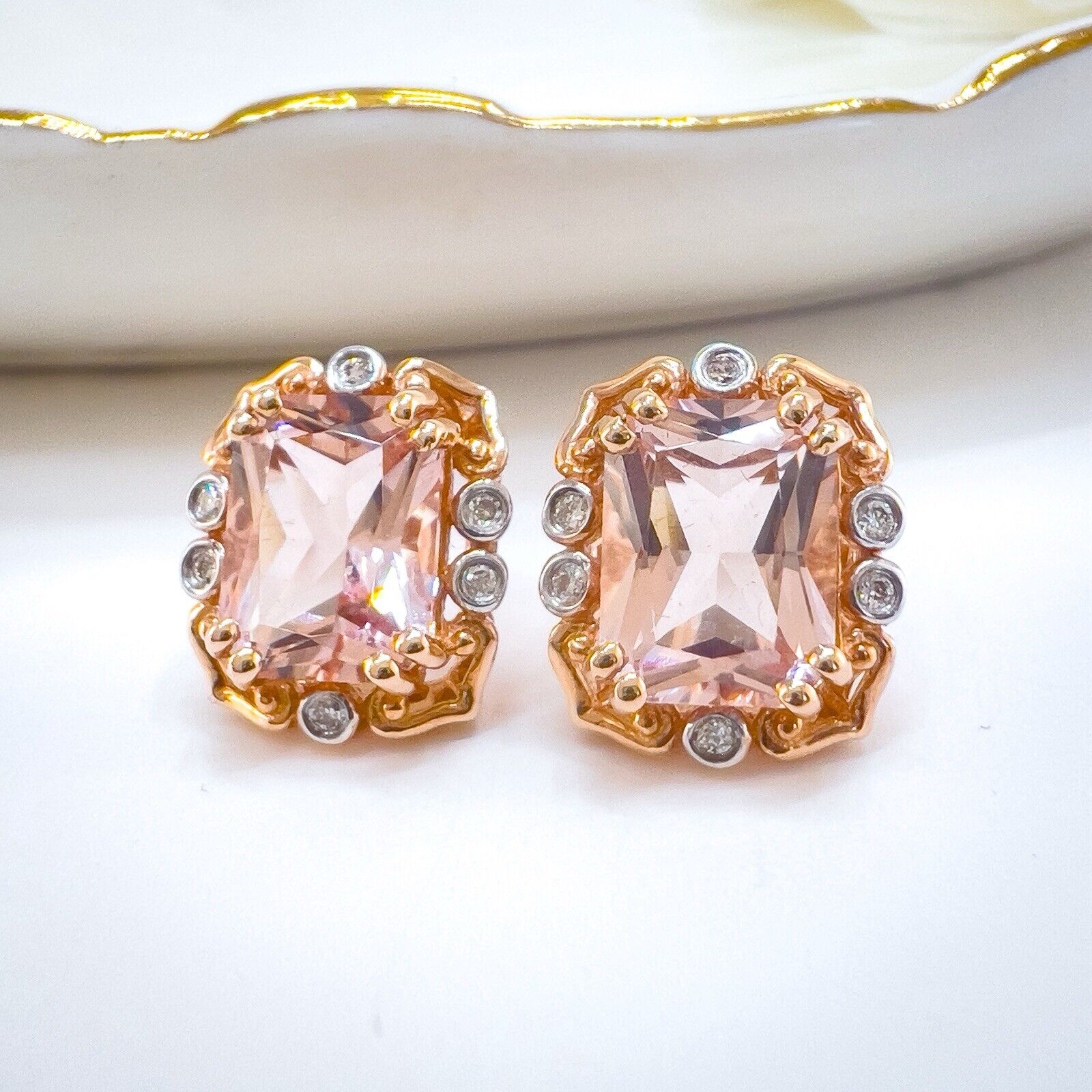Vintage Style 14k Rose Gold Genuine Morganite & Diamond Stud Earrings, New