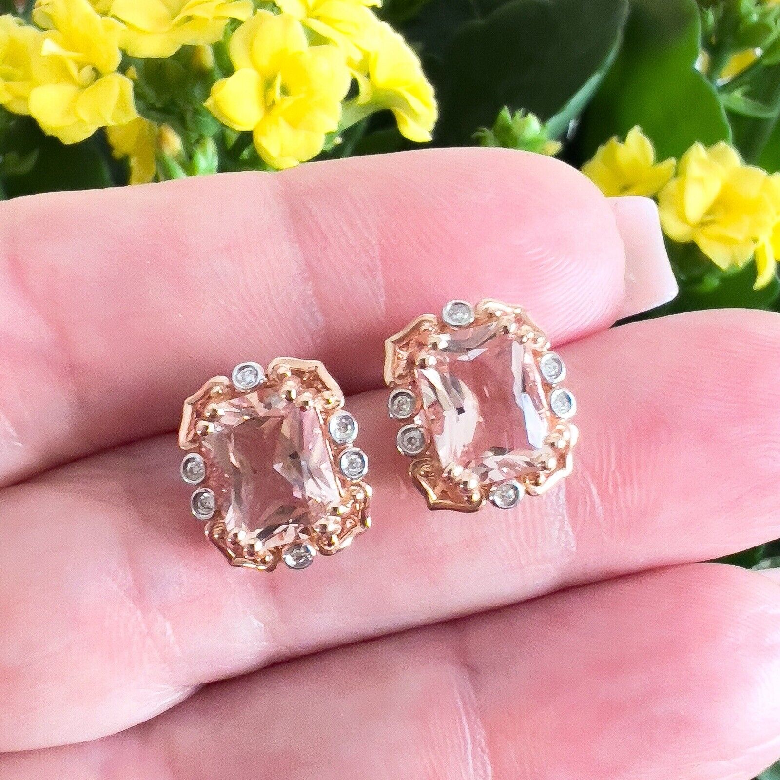 Vintage Style 14k Rose Gold Genuine Morganite & Diamond Stud Earrings, New