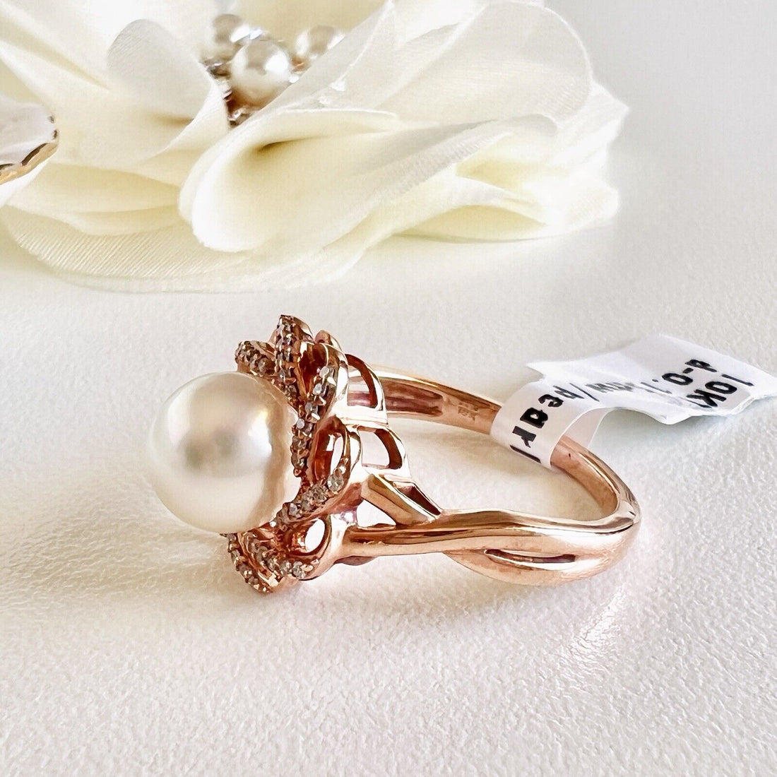 Solid 10k Rose Gold Genuine Pearl & Diamond Rosette Ring, New, Size 7