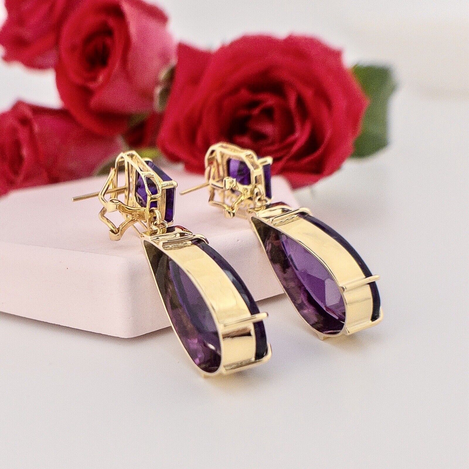 Solid 14k Yellow Gold Genuine Amethyst Omega-Back Dangle/Drop Earrings, 1.8"