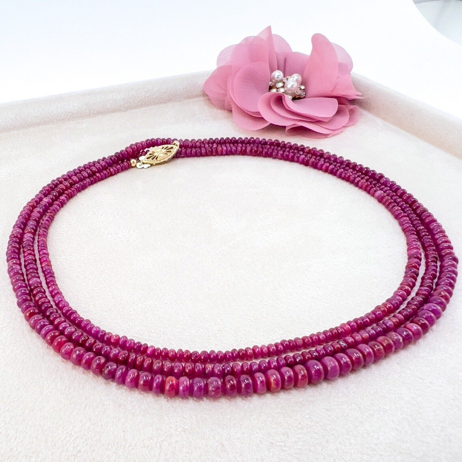 Natural Ruby Smooth Rondelle 14K Yellow Gold Necklace, New 43"