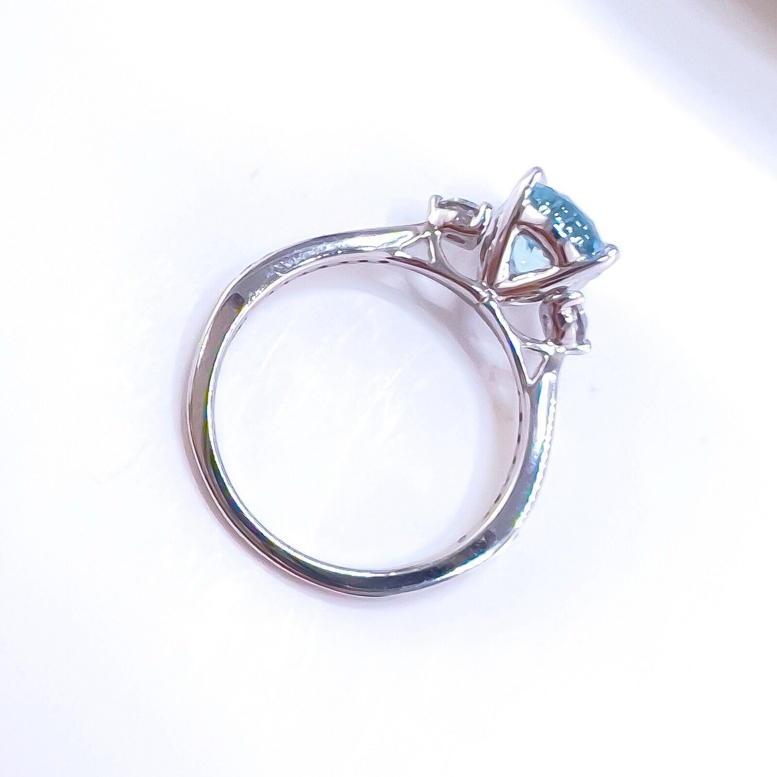 14k White Gold Genuine Aquamarine & Diamond Ring, New Size 7