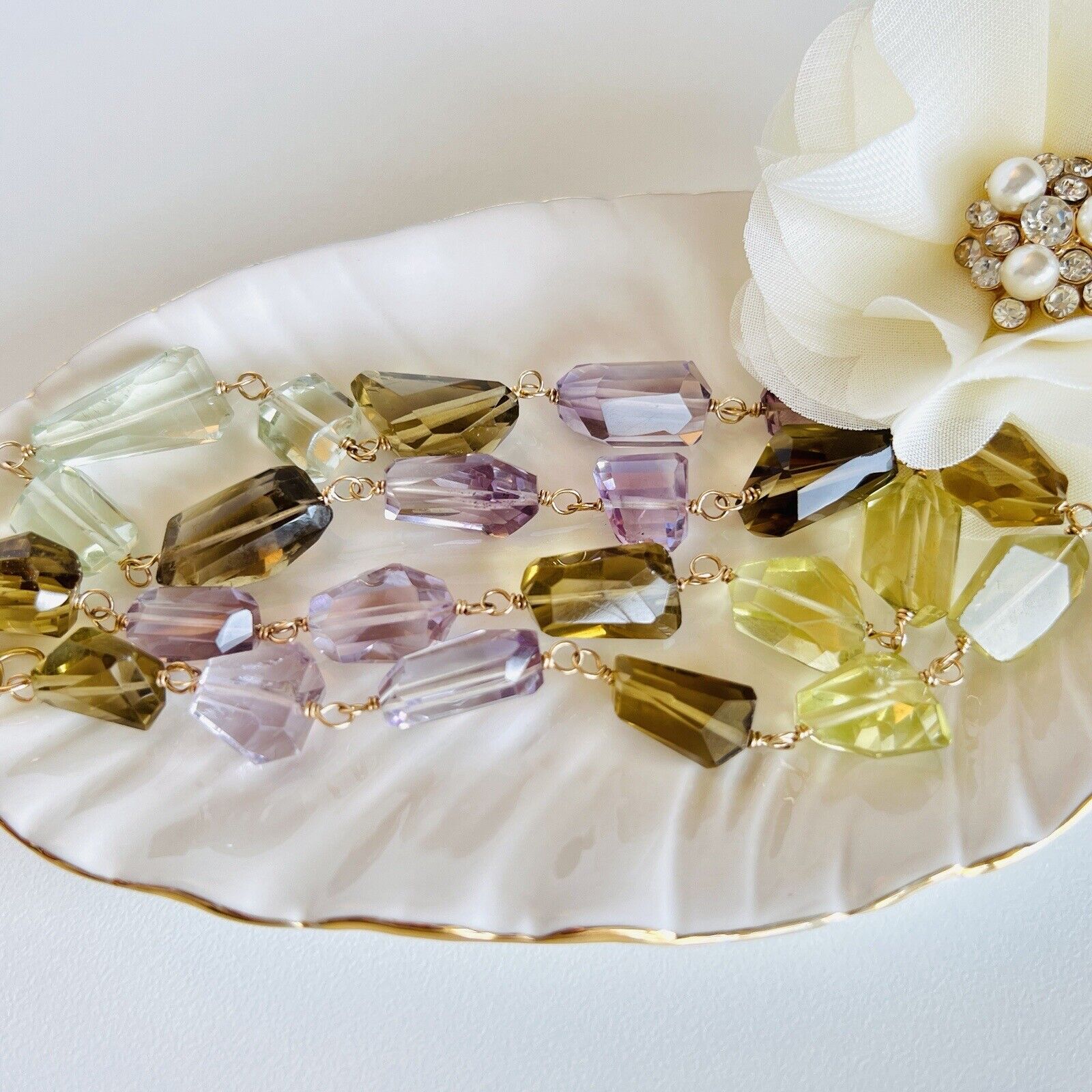 Solid 14k Yellow Gold Multi-Color Quartz Nugget Station Necklace 20" New