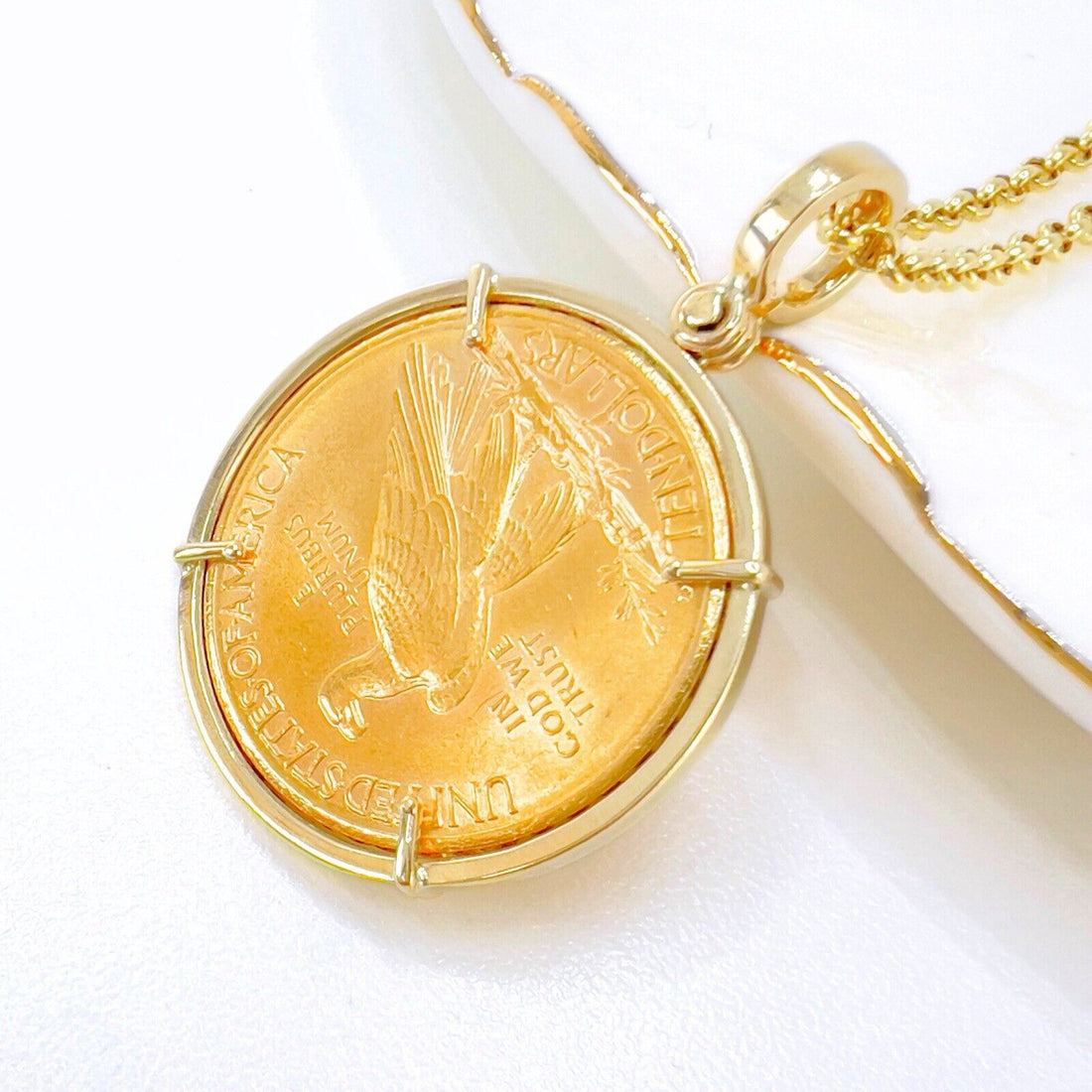 Genuine 1910 US Indian Head 10 Dollar Eagle Gold Coin With 14k Pendant Frame