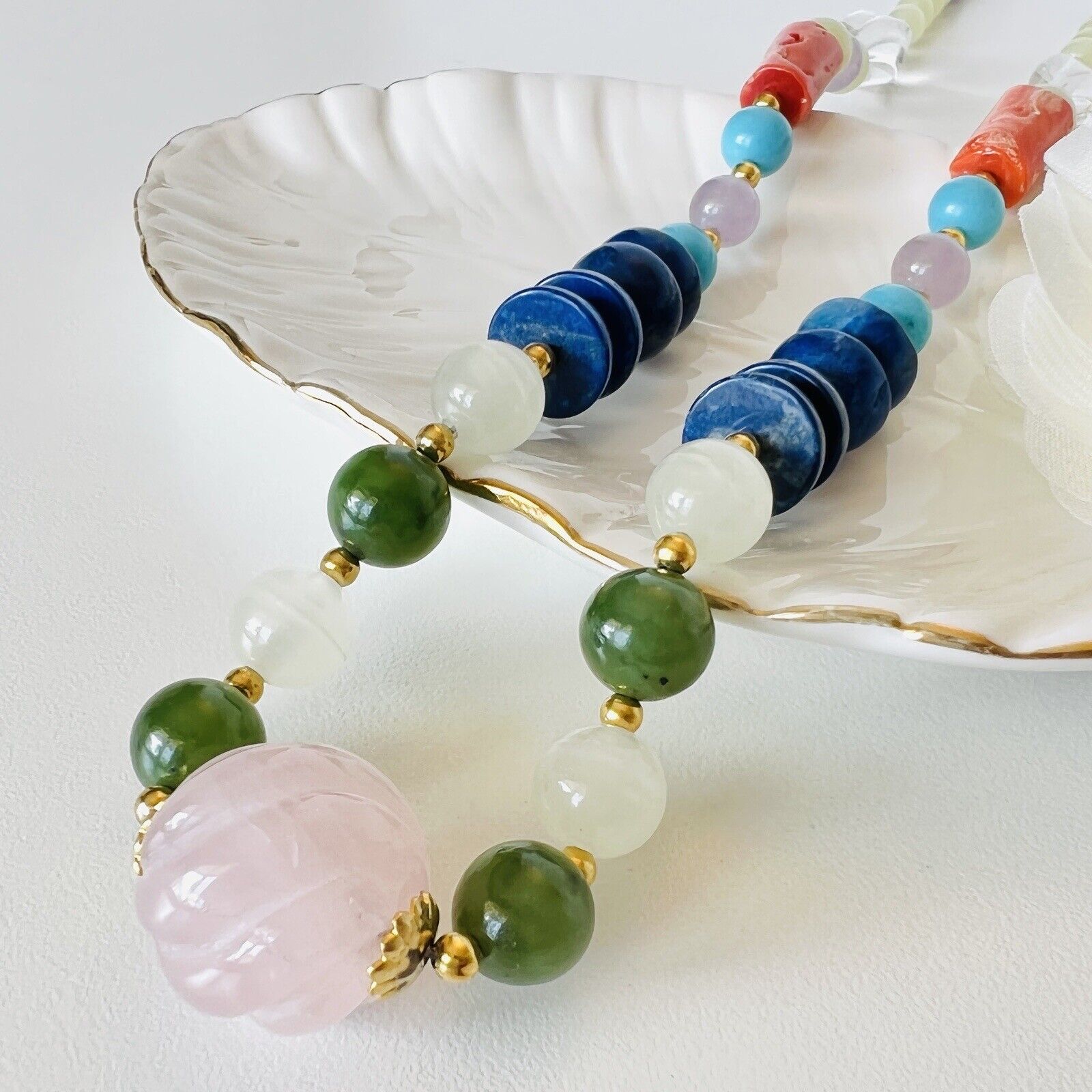 Natural Coral, Amethyst, Jade, Howlite, Serpentine & Quartz Beaded Necklace, New