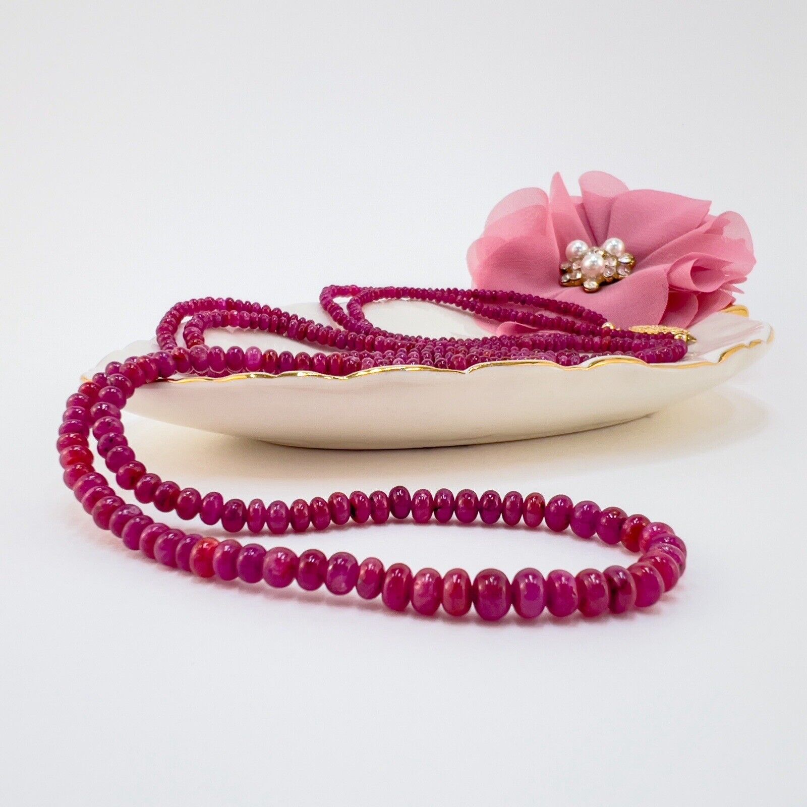 Natural Ruby Smooth Rondelle 14K Yellow Gold Necklace, New 43"