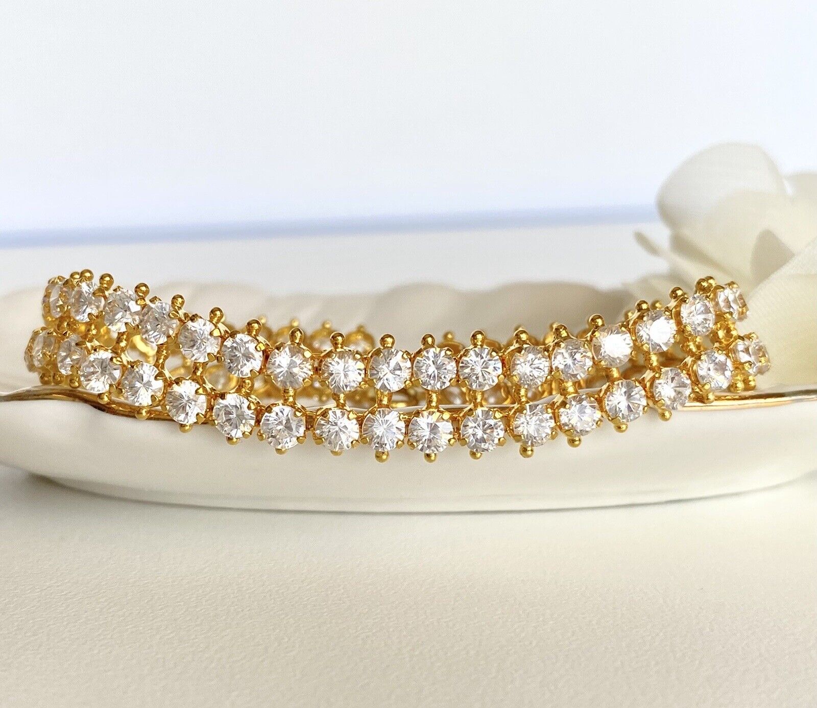 2-Row Cubic Zirconia Heavy Gold Electroplated Tennis Bracelet 7" New