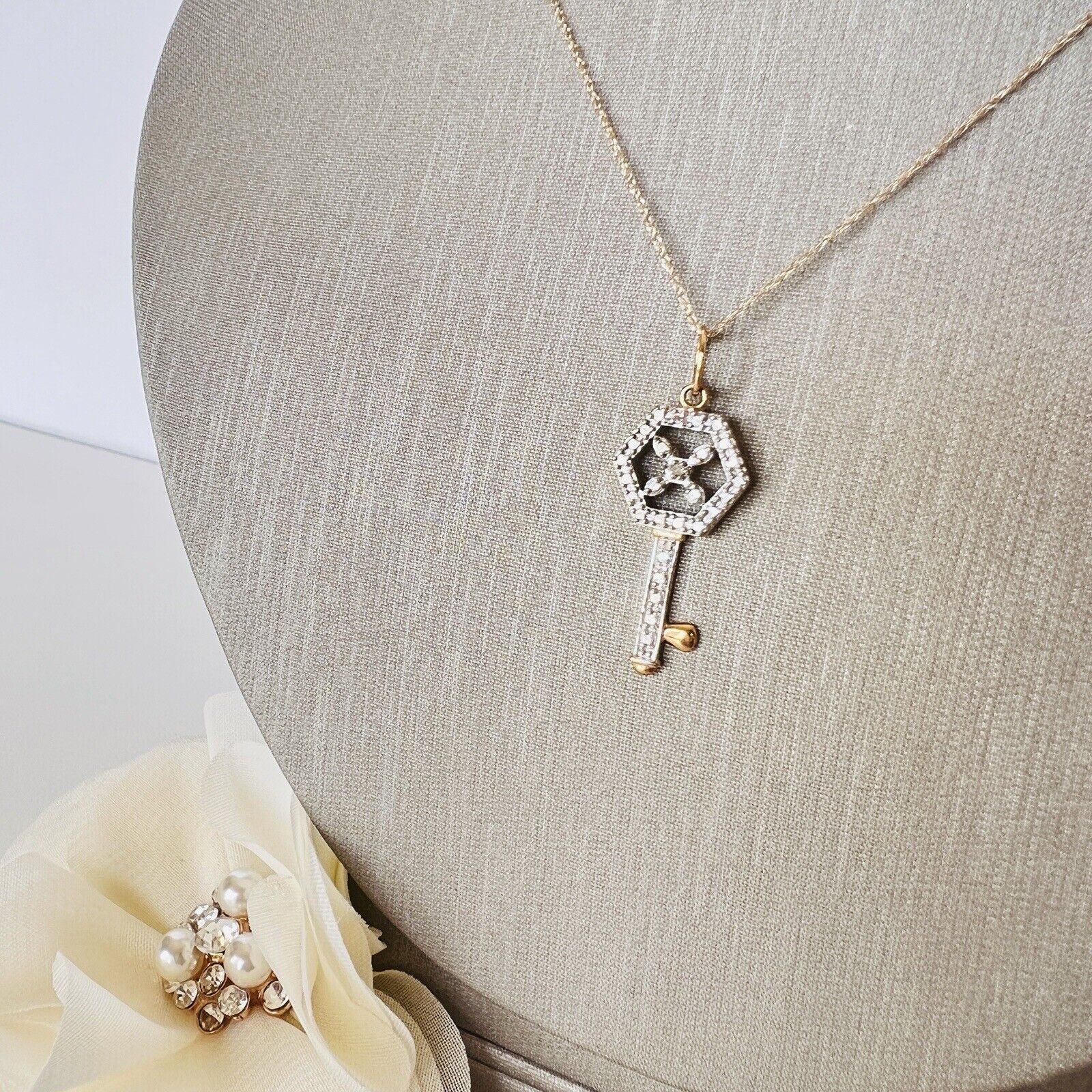 Solid 10k Yellow & White Gold & Diamond Hexagonal Skeleton Key Pendant Necklace,