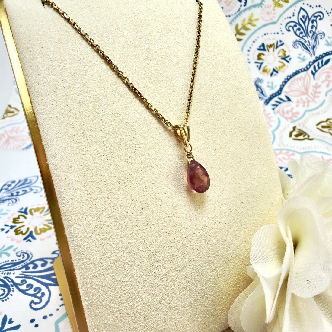14k Yellow Gold Genuine Pink Tourmaline Drop Pendant, 0.75" New