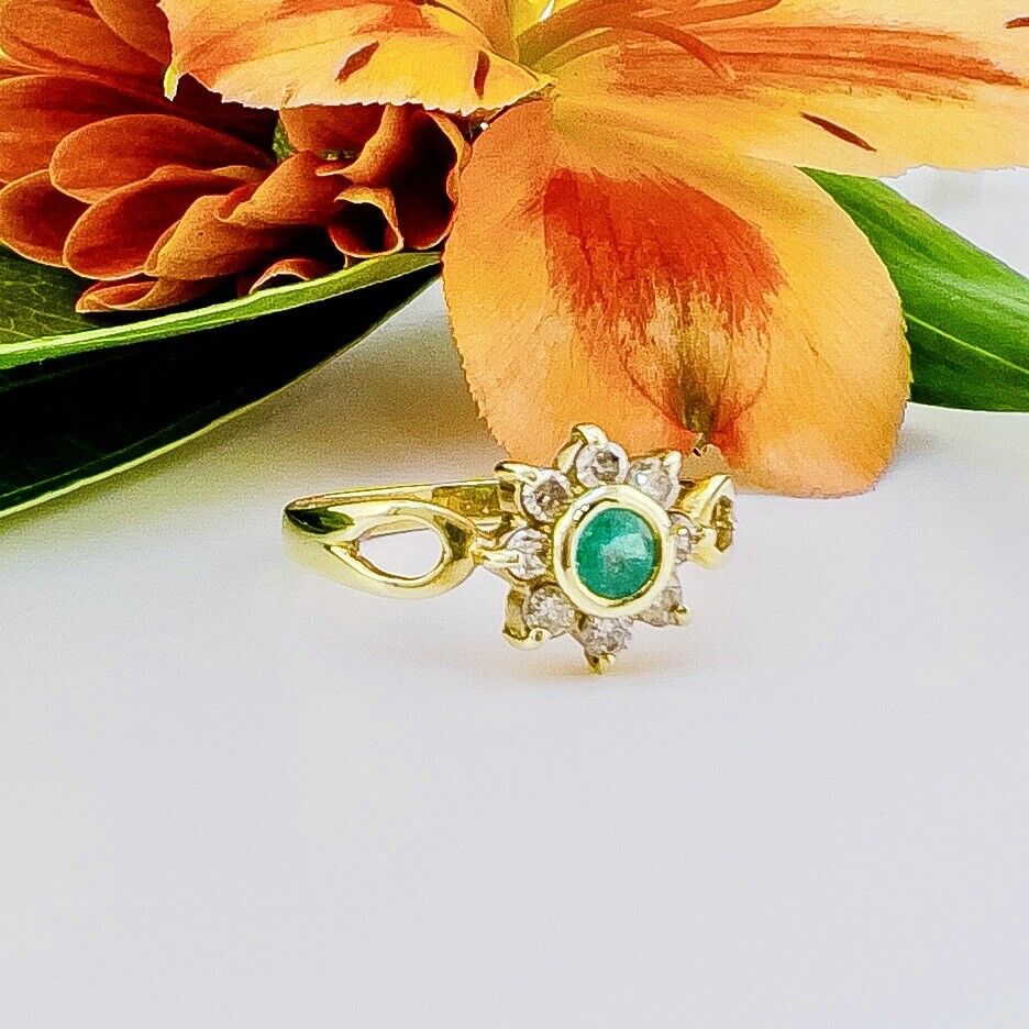 Solid 14k Yellow Gold Genuine Colombian Emerald & Diamond Rosette Ring, New Size
