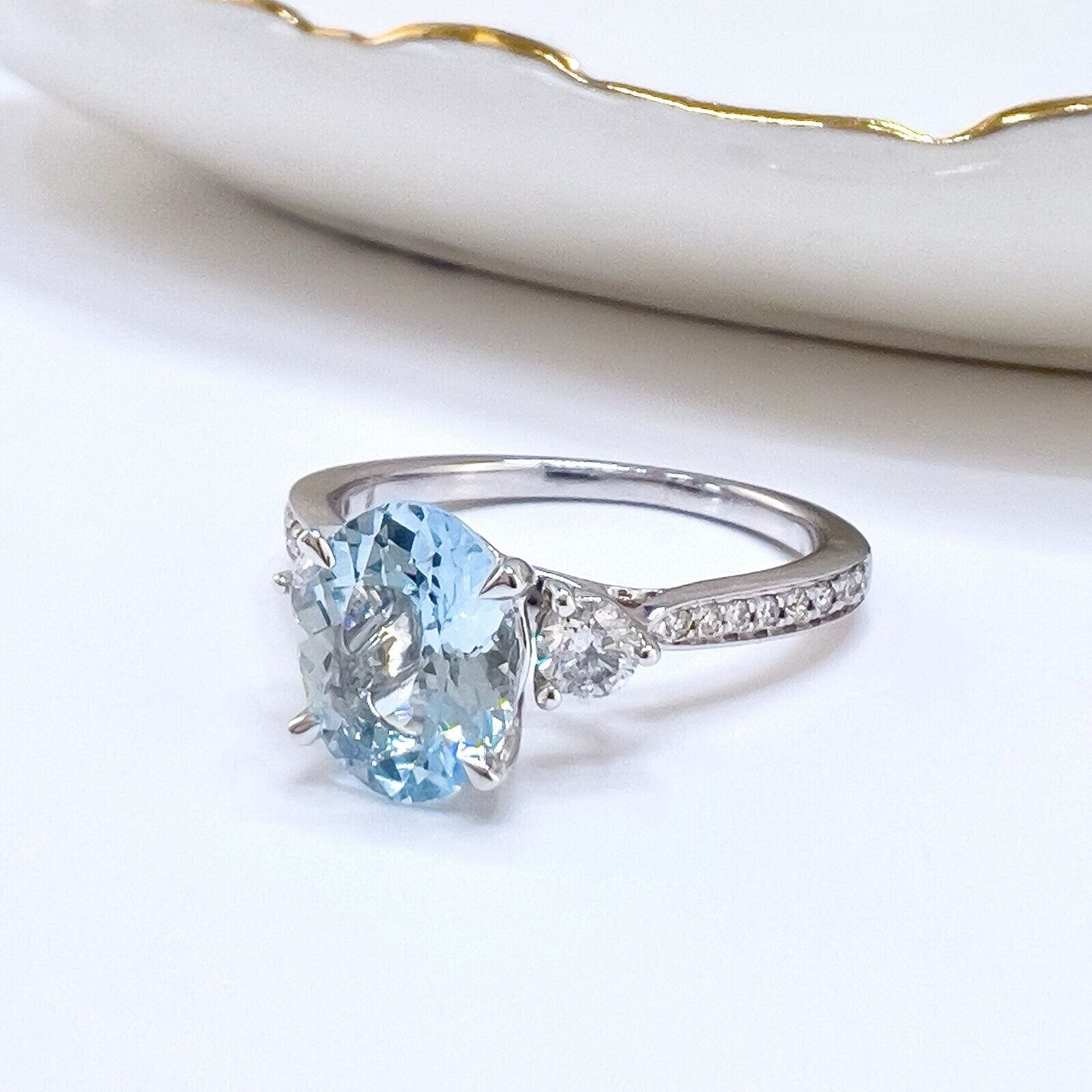 14k White Gold Genuine Aquamarine & Diamond Ring, New Size 7