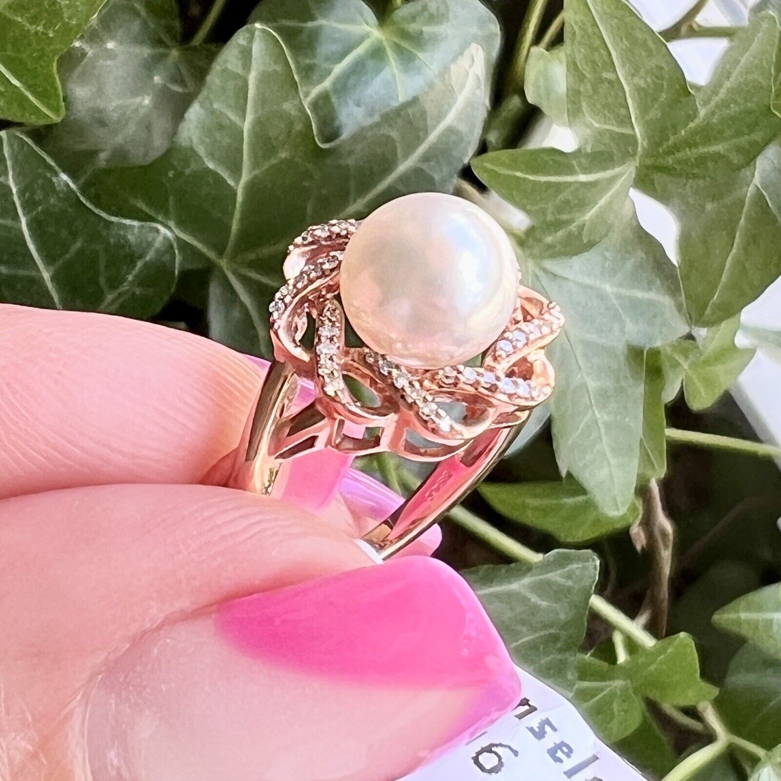 Solid 10k Rose Gold Genuine Pearl & Diamond Rosette Ring, New, Size 7