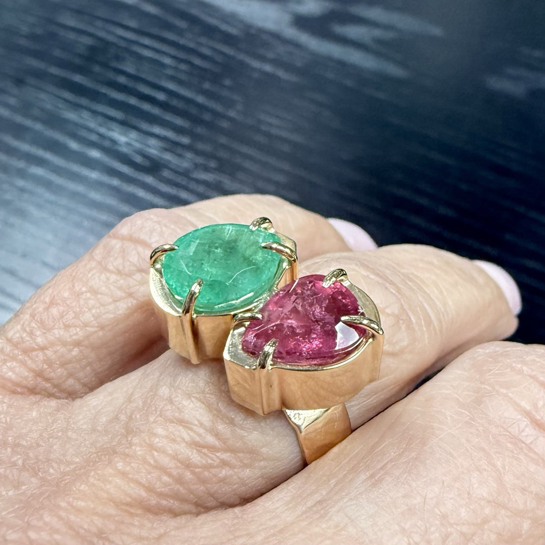 14k Yellow Gold Genuine Emerald & Pink Tourmaline Modernist Ring, New Size 6.5