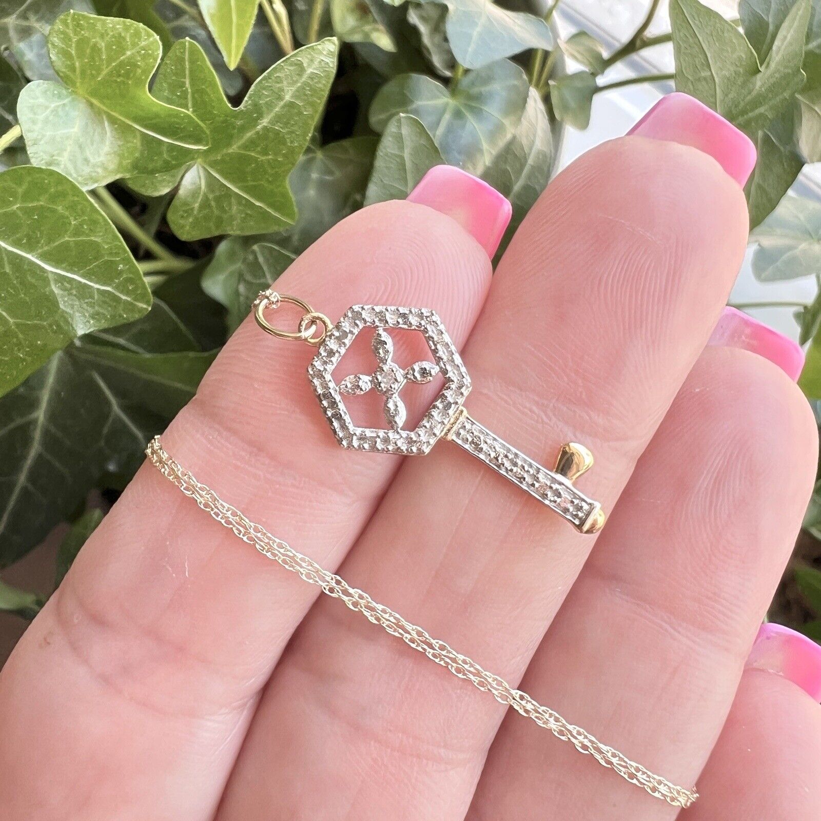 Solid 10k Yellow & White Gold & Diamond Hexagonal Skeleton Key Pendant Necklace,