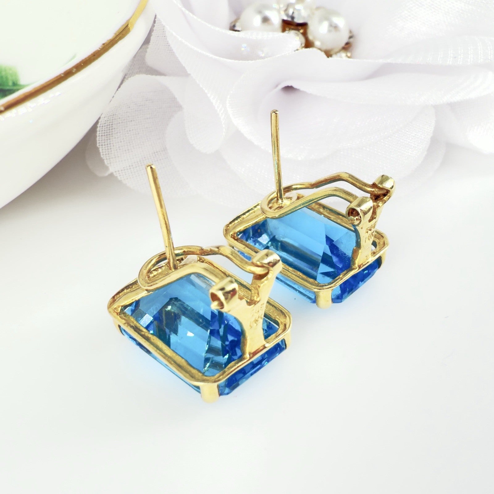 14k Yellow Gold Swiss Blue Topaz Omega Back Earrings, Preowned