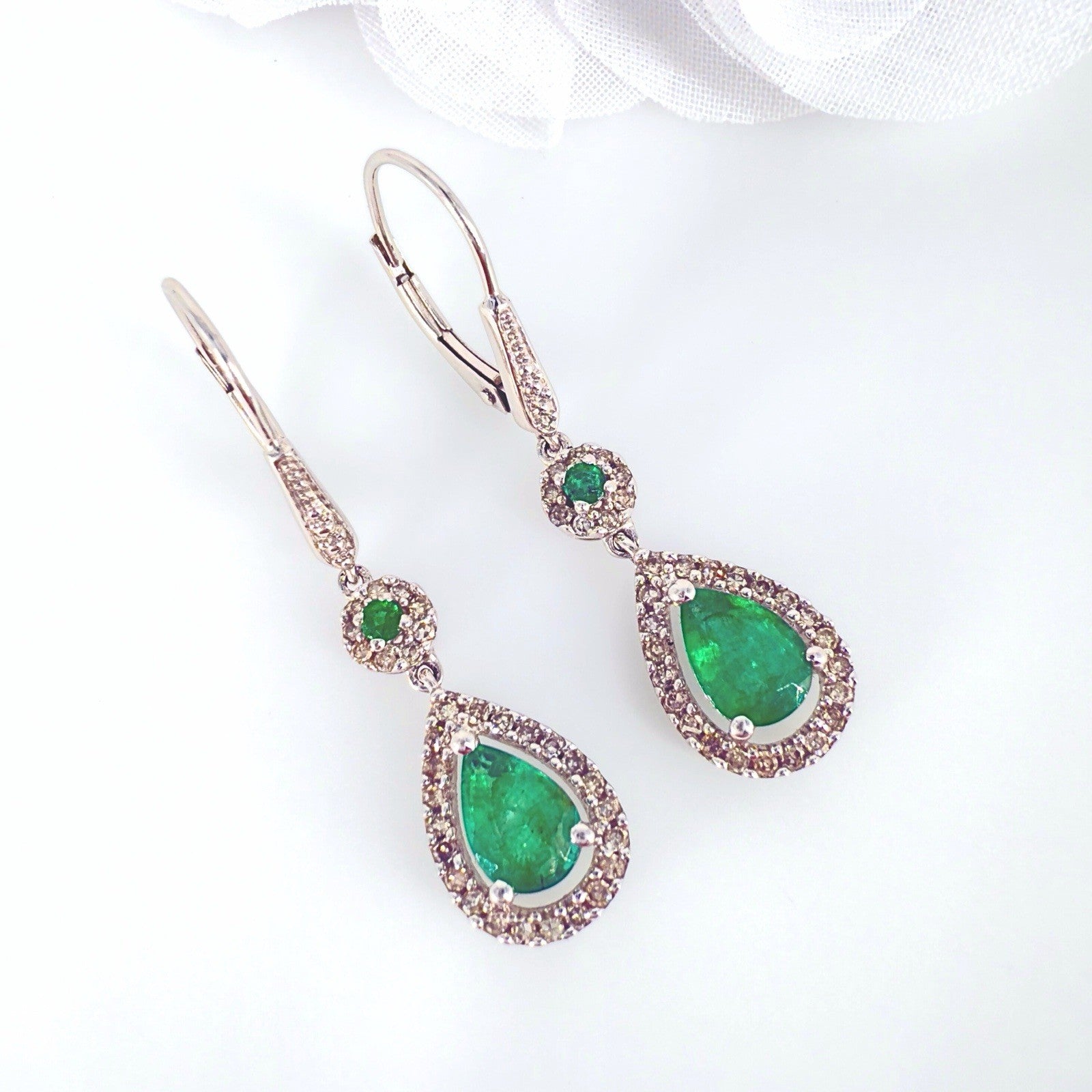 14k White Gold Genuine Emerald & Diamond Leverback Dangle Earrings, Preowned