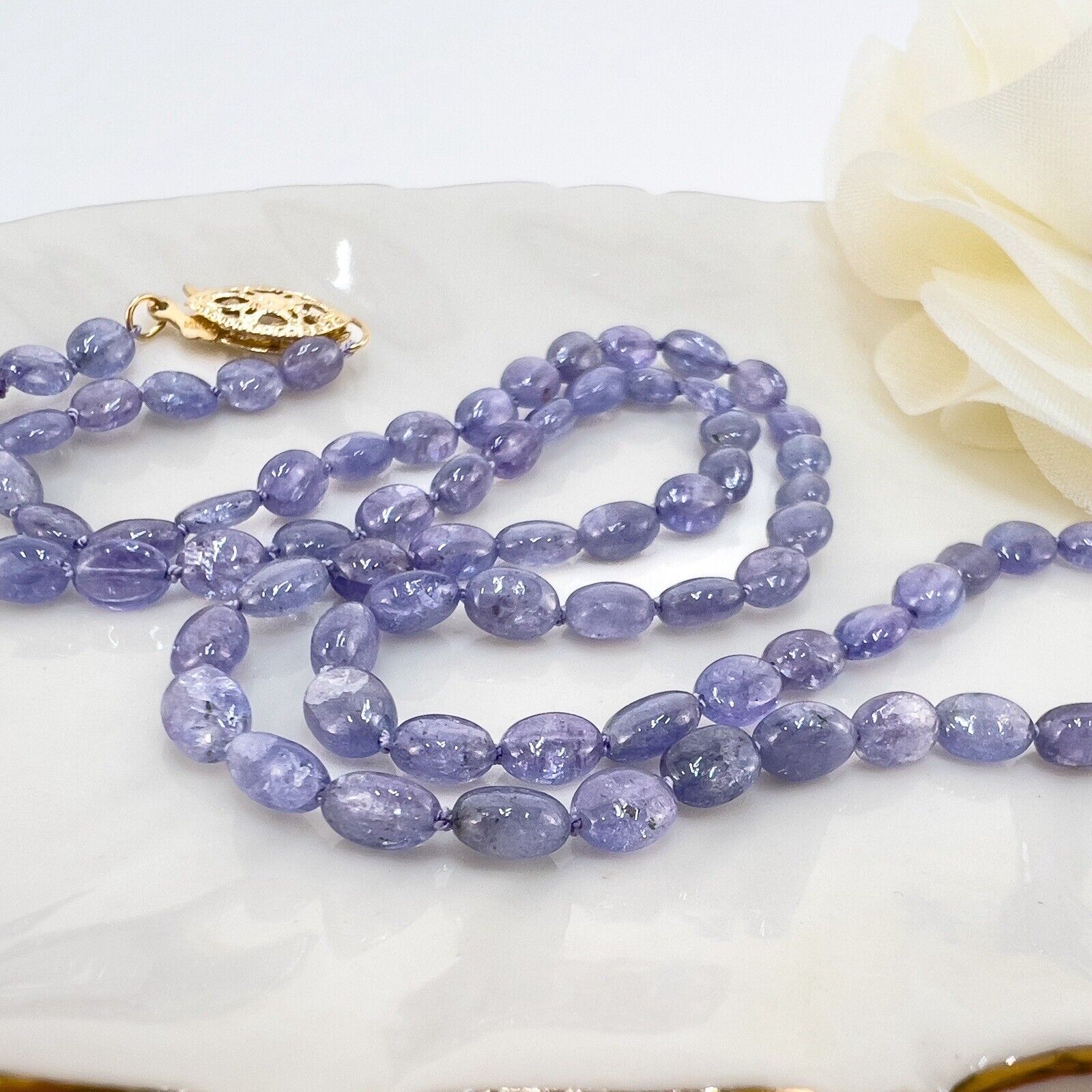 Natural Tanzanite 14k Yellow Gold Beaded Necklace, New 18"