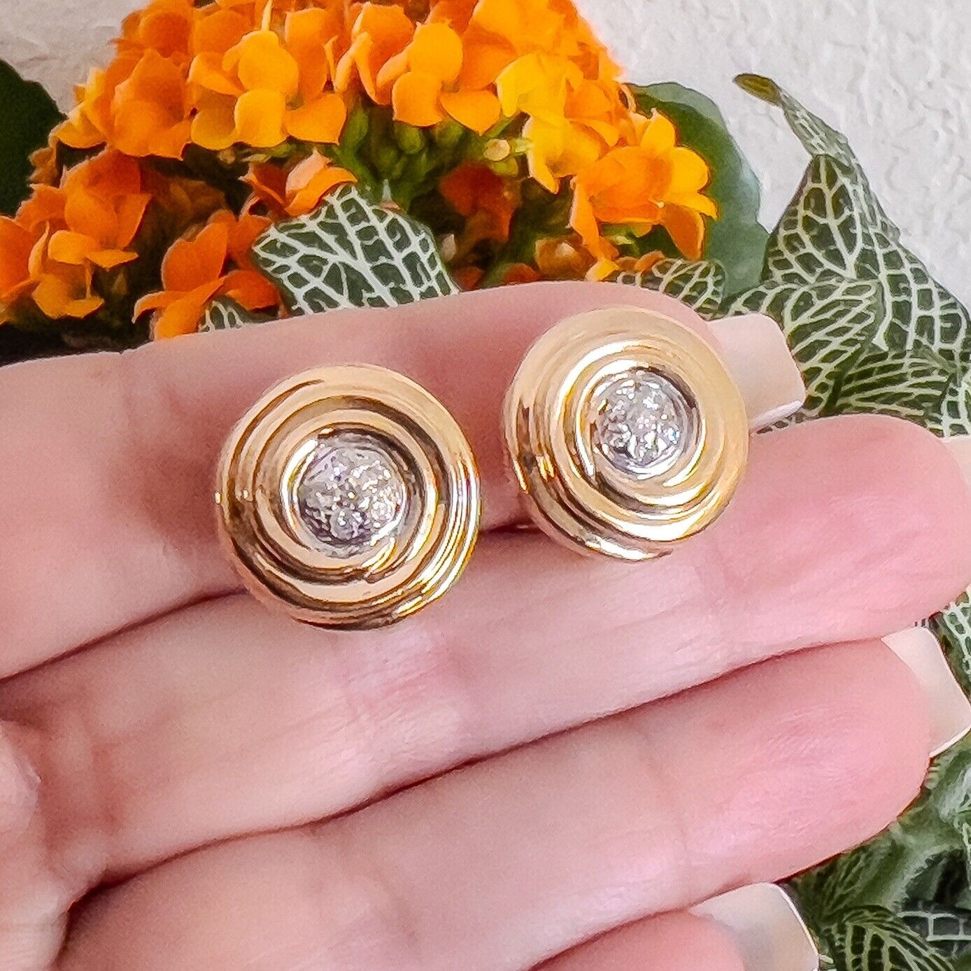 14k Yellow Gold Diamond Swirl "Button" Post & Omega Clip Earrings