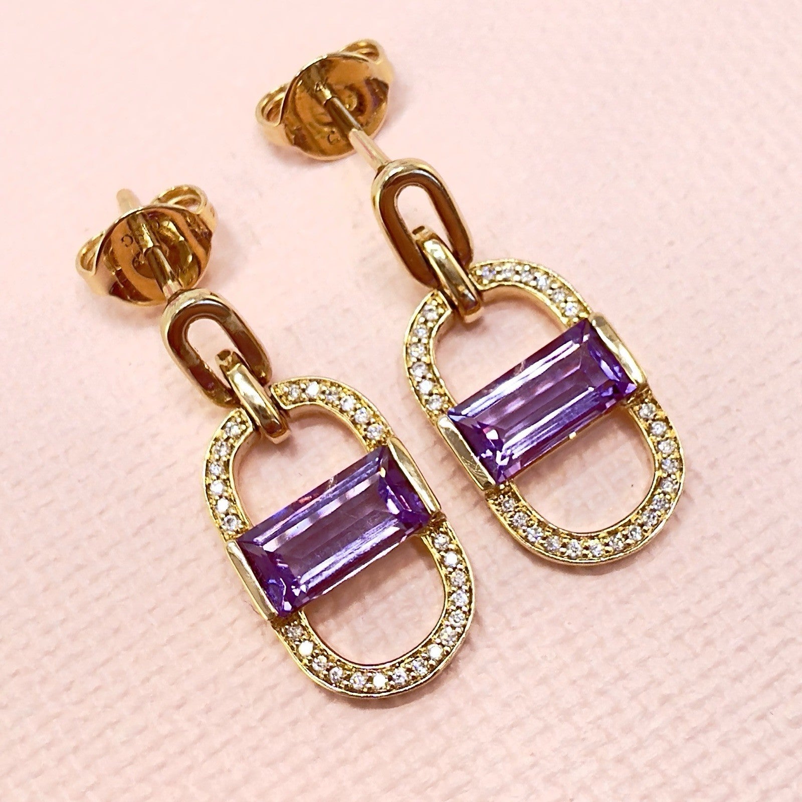 14k Yelow Gold Genuine Amethyst & Diamond Monernist Dangle Earrings, New