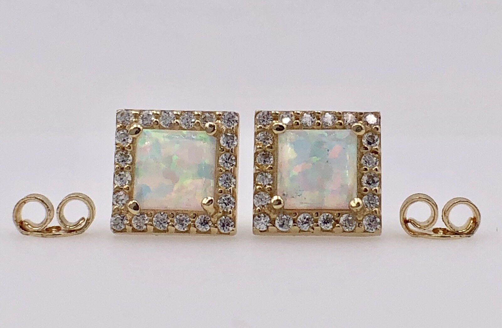 14K Yellow Gold, Opal & CZ Square Stud Earrings, New