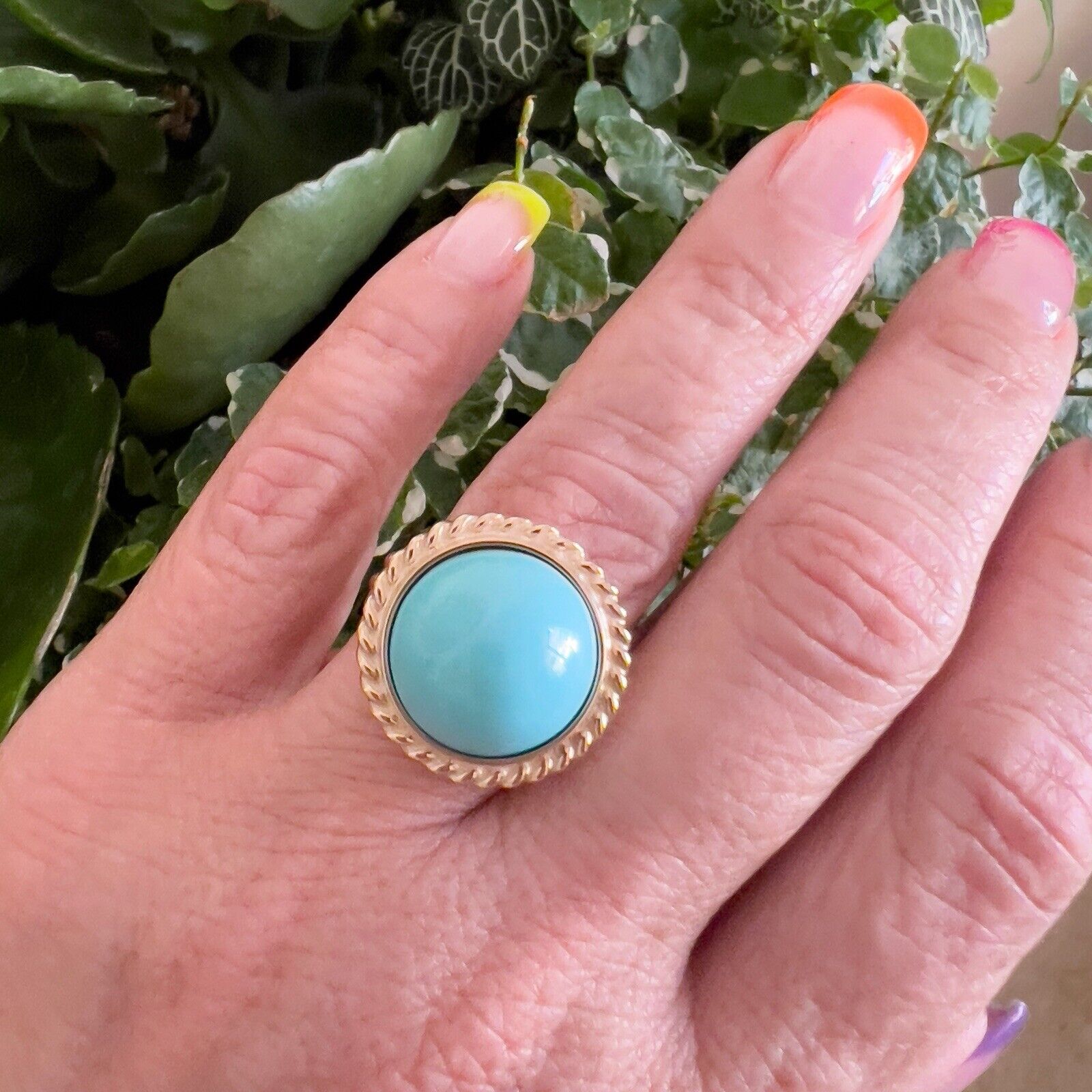 14k Yellow Gold Persian Turquoise (15mm) Handcrafted Ring, New, Size 6.75