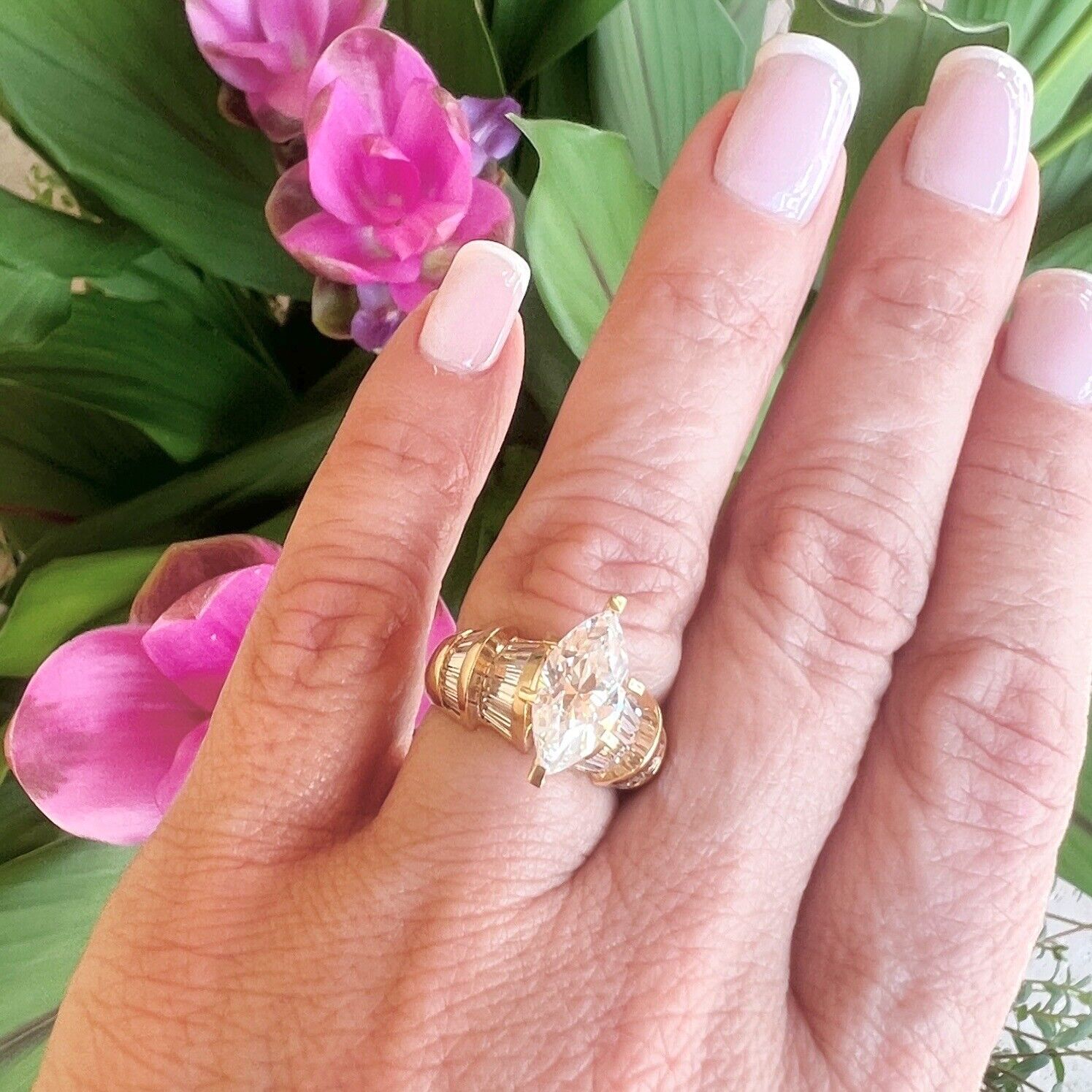 Solid 14k Yellow Gold Cubic Zirconia Cocktail Ring, Vintage Stock, Size 6.5