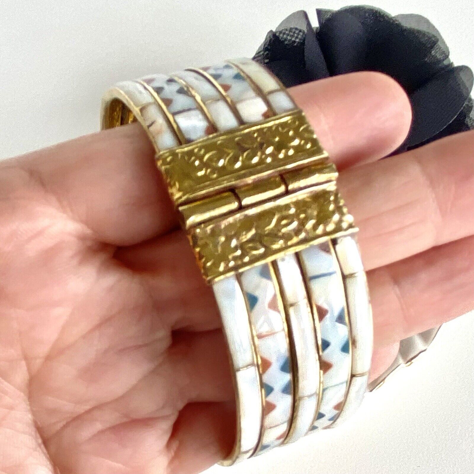 Vintage Mother of Pearl Inlay & Enamel Bohemian Bangle Bracelet, New