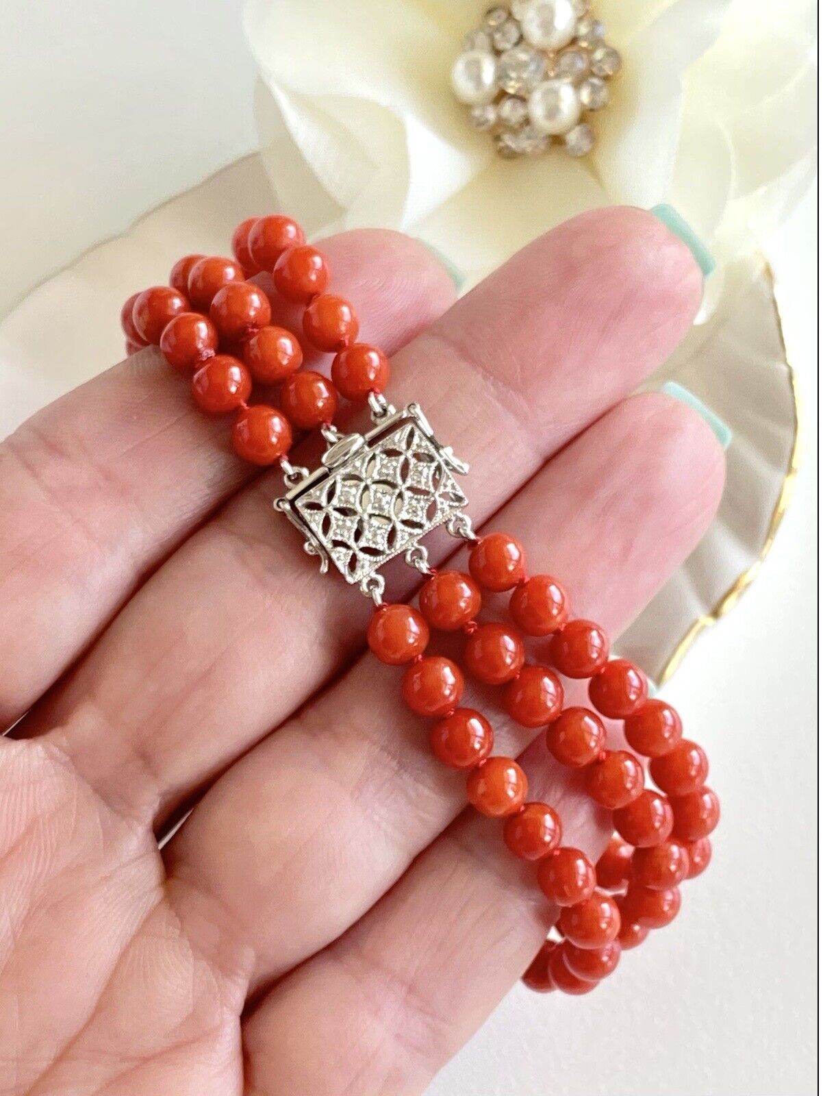 Natural Mediterranean Red Coral 14K White Gold & Diamonds Bracelet, 7"