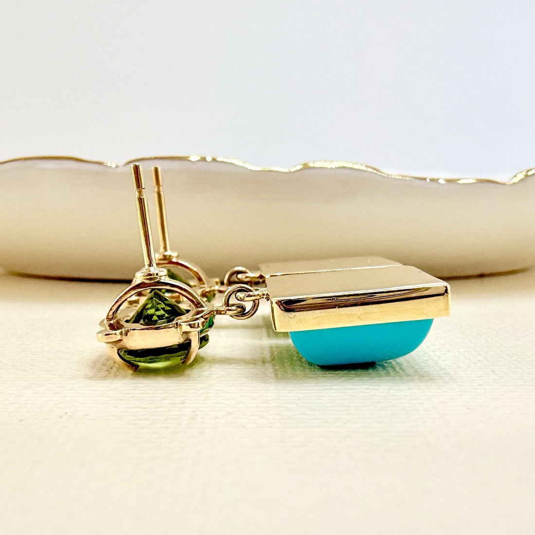 14k Yellow Gold Genuine Peridot & American Turquoise Statement Earrings, New