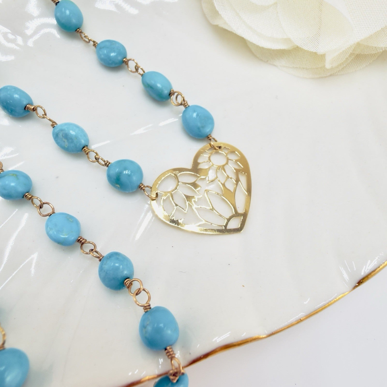 14k Sleeping Beauty Turquoise with Pierce-Work Heart Pendant Necklace, 18.25"