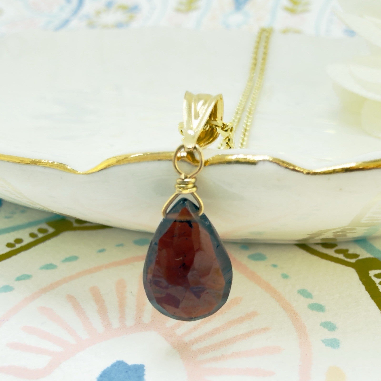 14k Yellow Gold Genuine Garnet Drop Pendant, 0.75" New