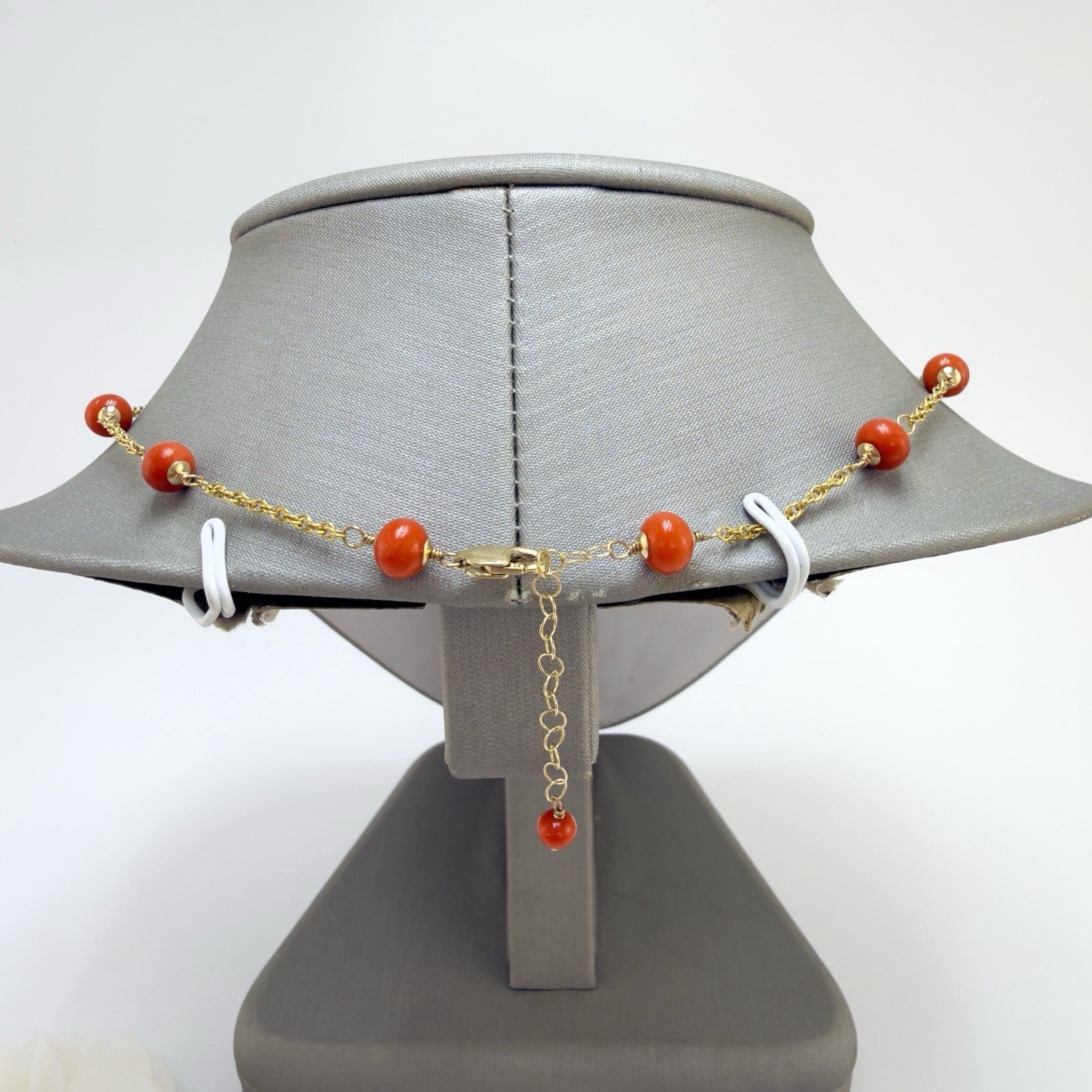 14k Yellow Gold Natural Red Coral Station Necklace w/Drop, 17.5-19" New