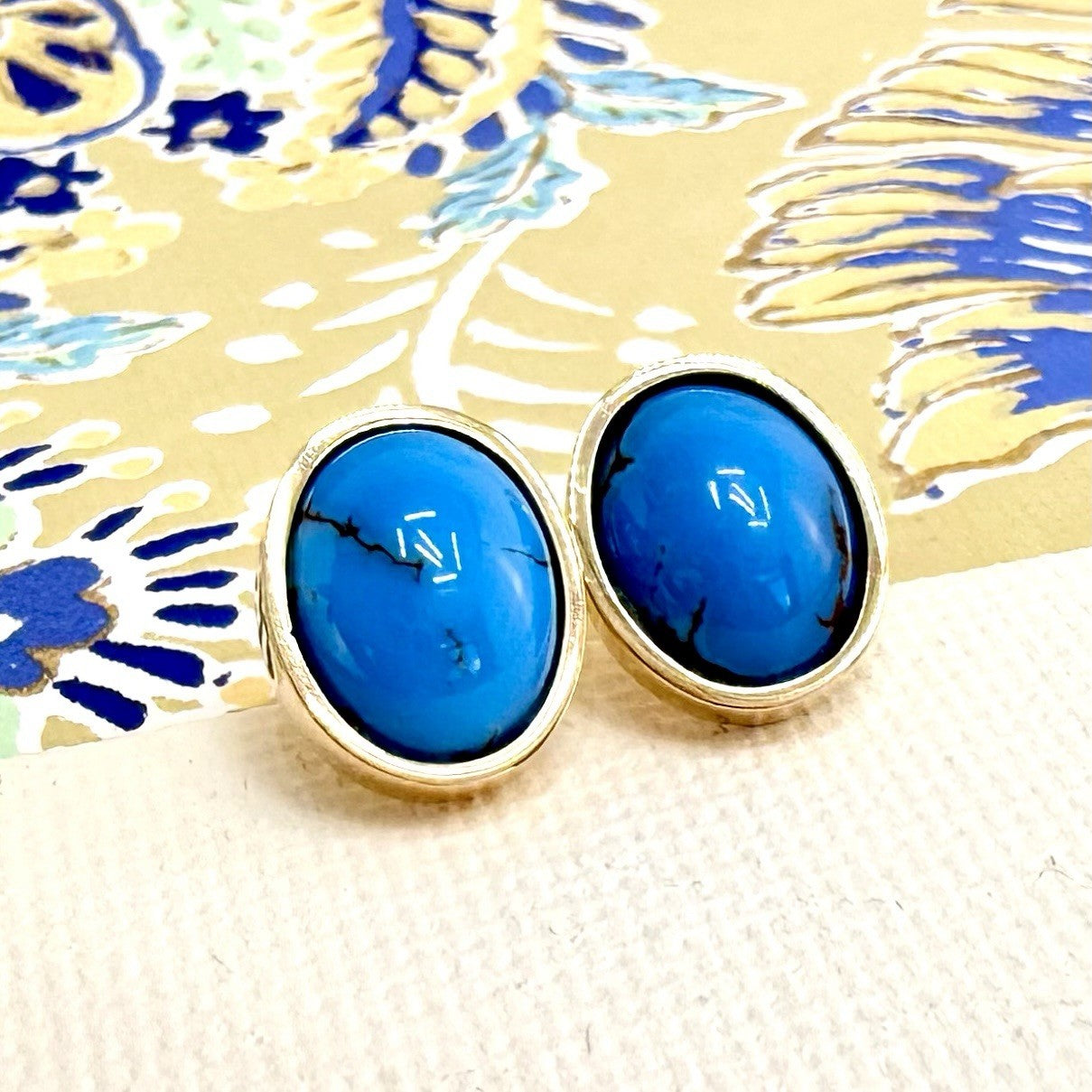 14k Yellow Gold Egyptian Turquoise Custom Made Stud Earrings, New Pair #3