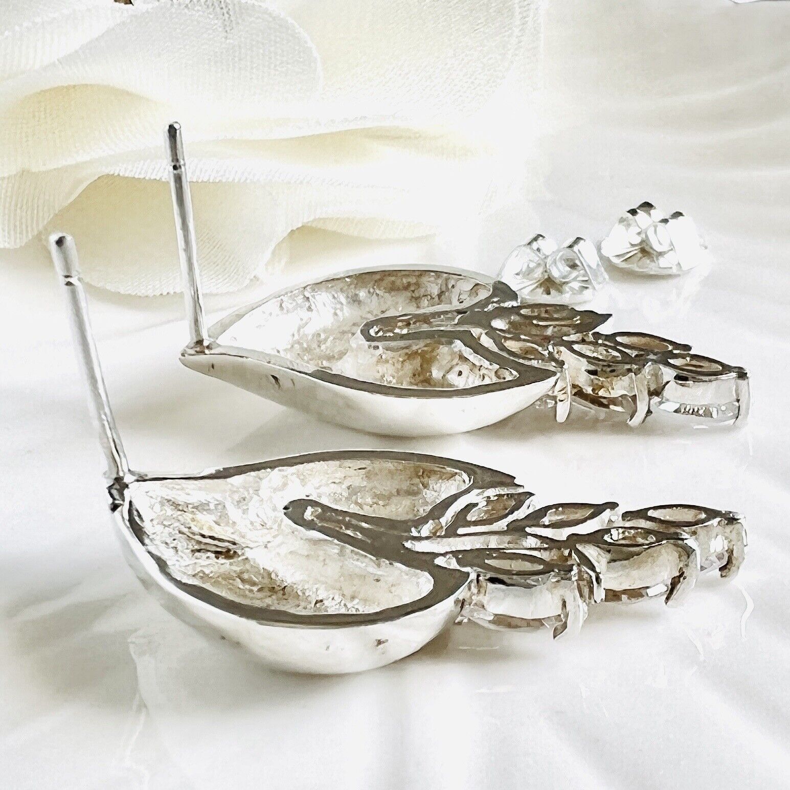 Unique Sterling Silver Cubic Zirconia Spray Stud Earrings, New 1.2"