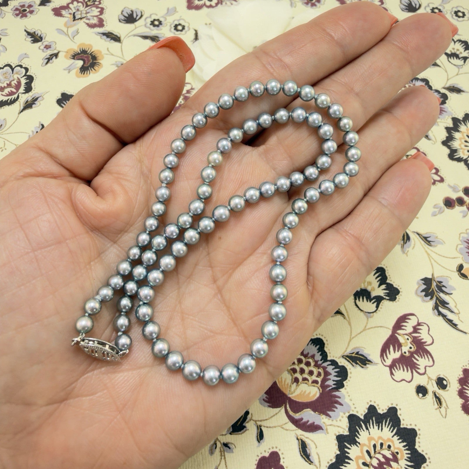 14k White Gold Akoya Silver Pearl (4-4.5mm) Necklace, Newly Handcrafted 15.5"