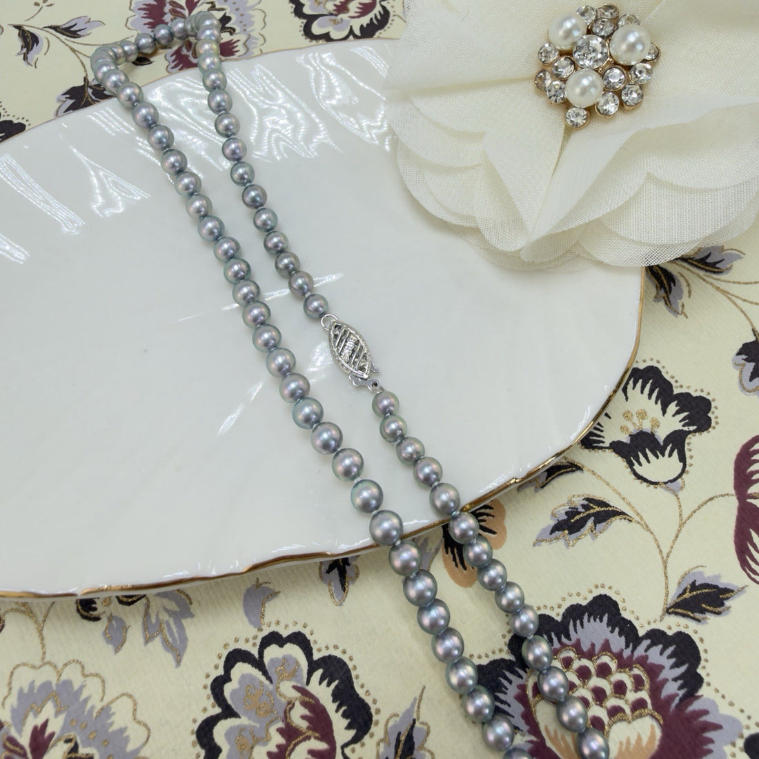 14k White Gold Akoya Silver Pearl (4-4.5mm) Necklace, Newly Handcrafted 15.5"