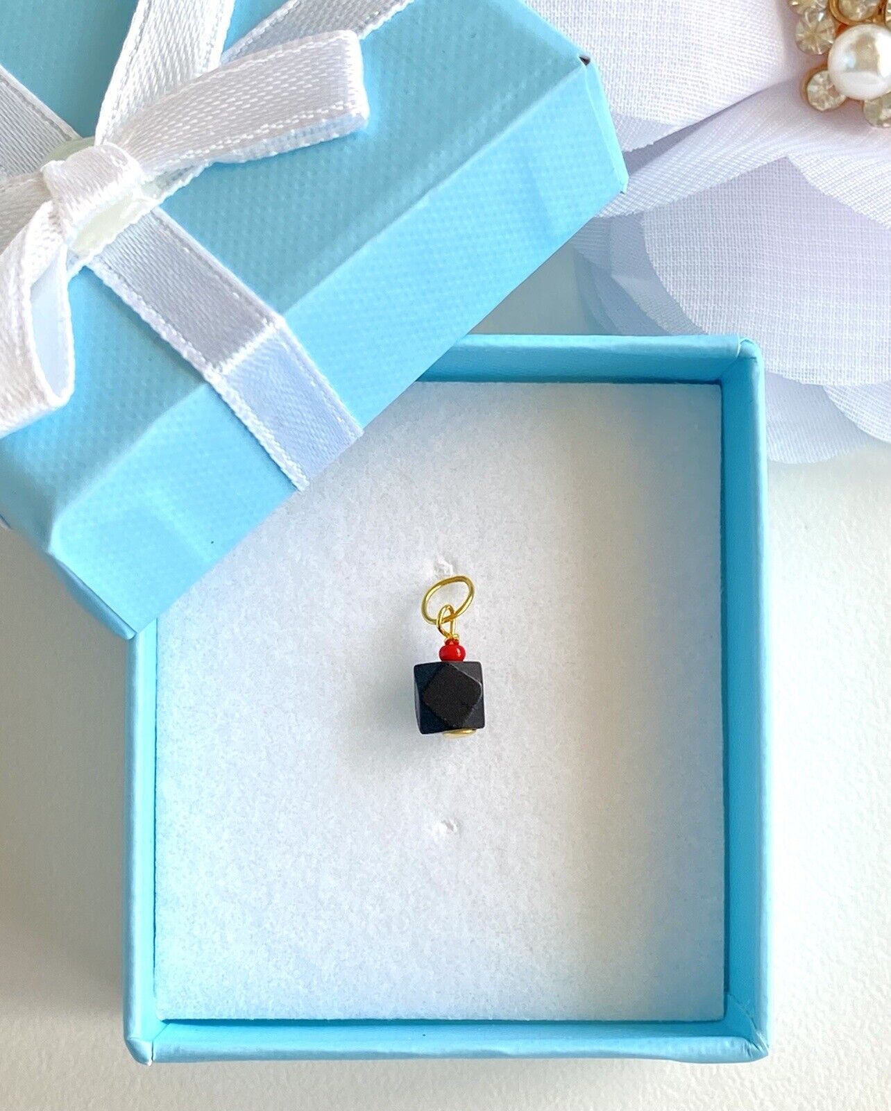 Genuine 5mm Azabache (Jet) & Solid 10k Yellow Gold Protection Pendant, New