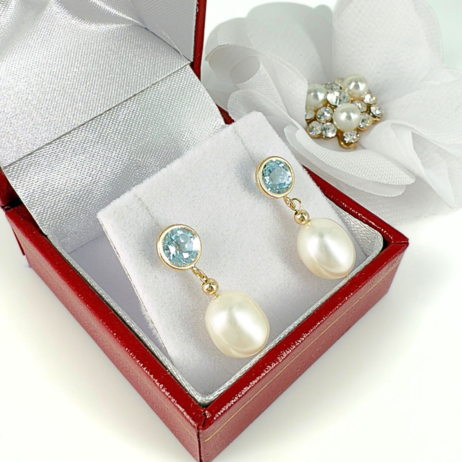 14k Yellow Gold Sky Blue Topaz & Genuine Cultured Pearl Dangle/Drop Earrings