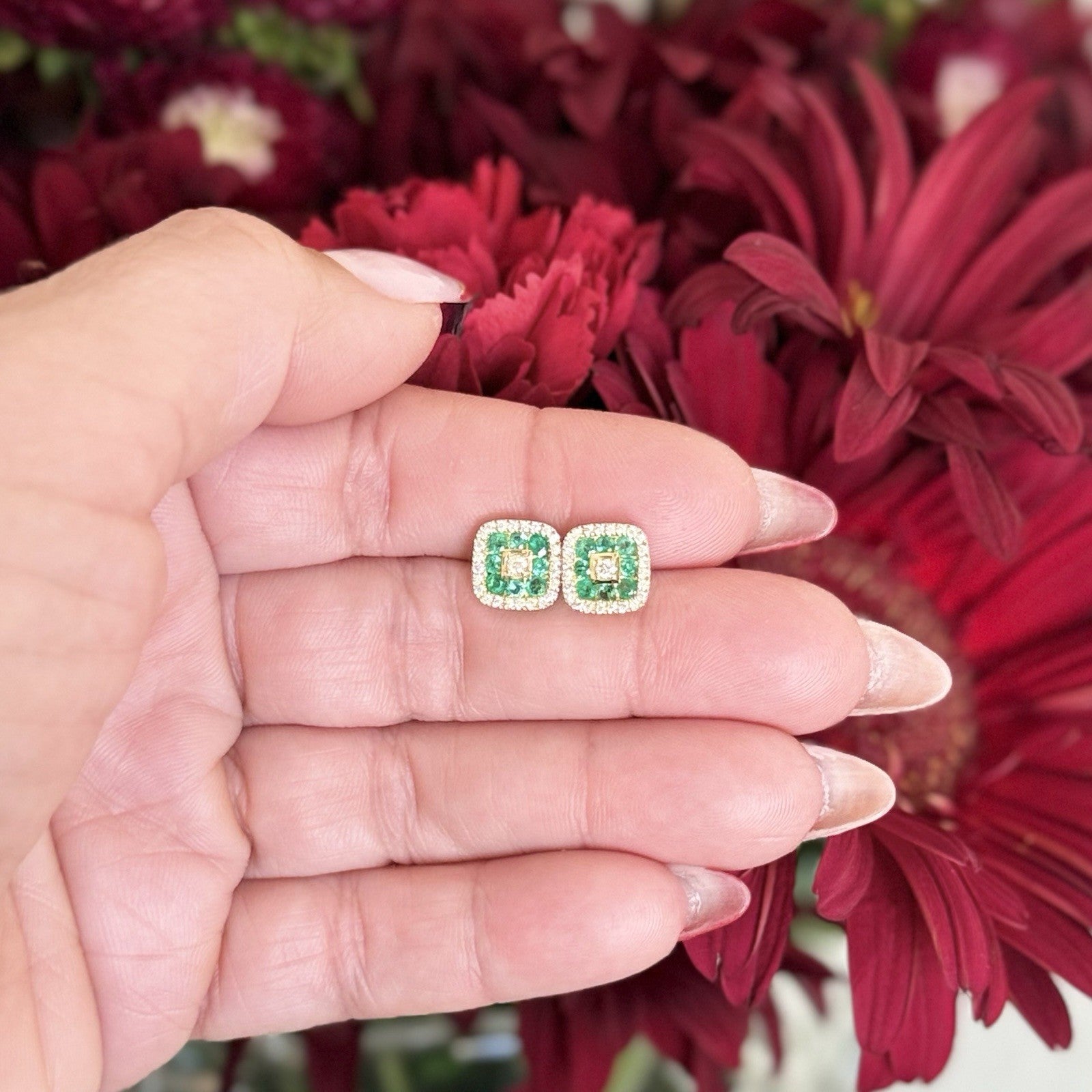 10K Yellow Gold Genuine Emerald & Diamond Stud Screw-Back Earrings, New