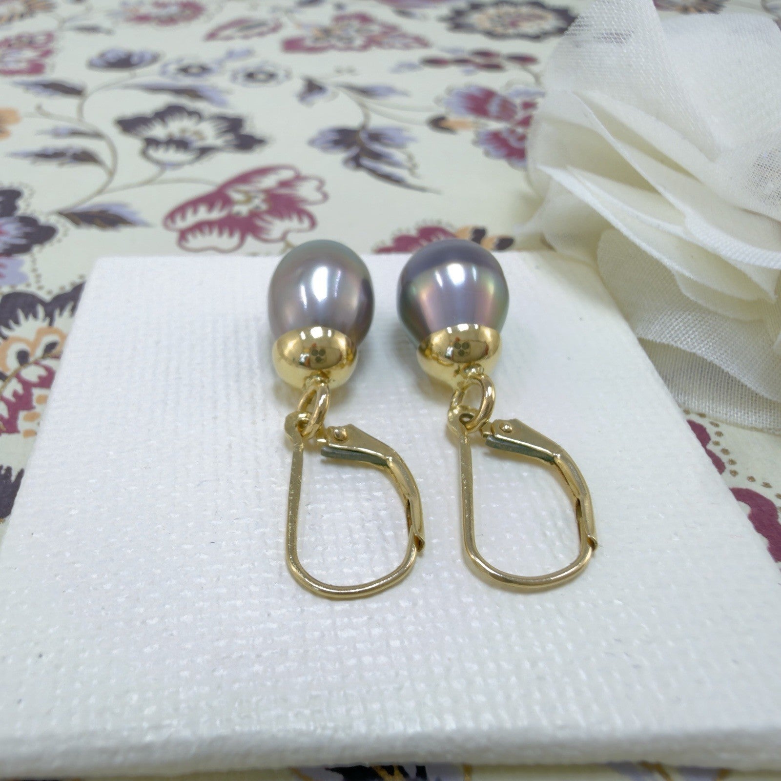 14k Yellow Gold Genuine Gray/Peacock Pearl Drop Leaverback Earrings