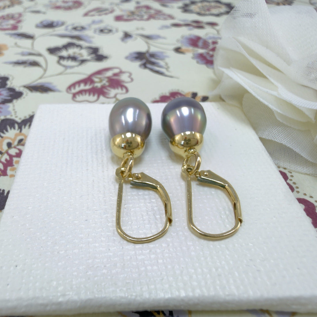 14k Yellow Gold Genuine Gray/Peacock Pearl Drop Leaverback Earrings